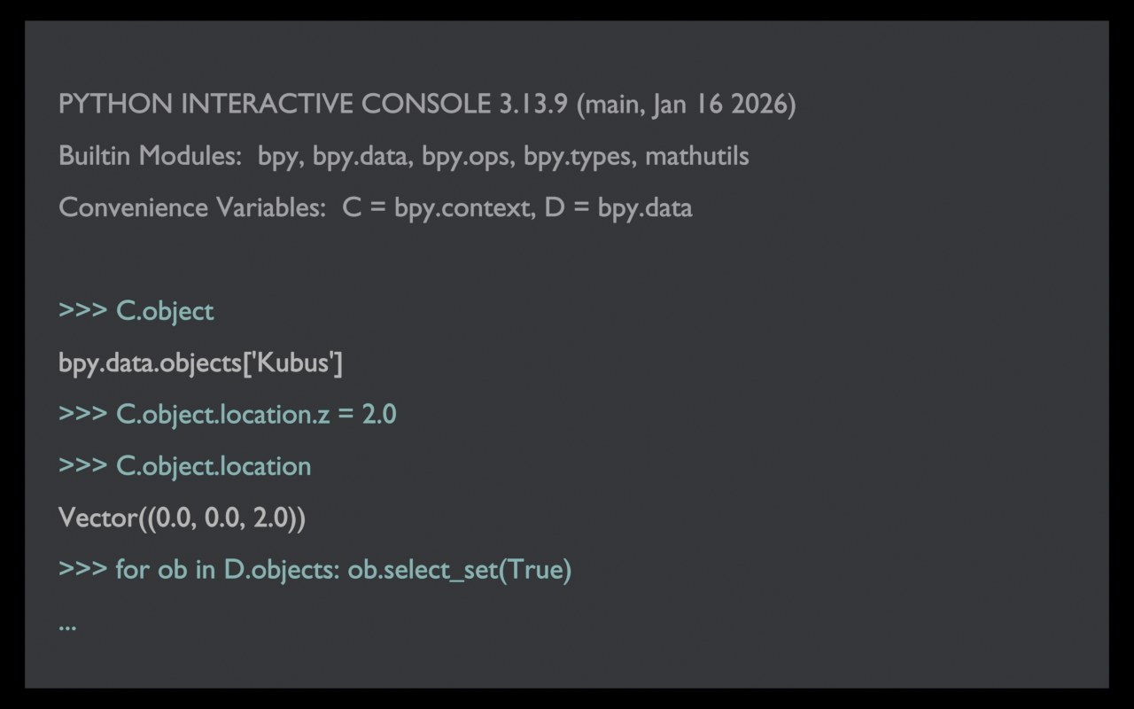 Een Python Console-sessie als schema: object opvragen, locatie aanpassen, en het resultaat dat rechtstreeks wordt teruggegeven.