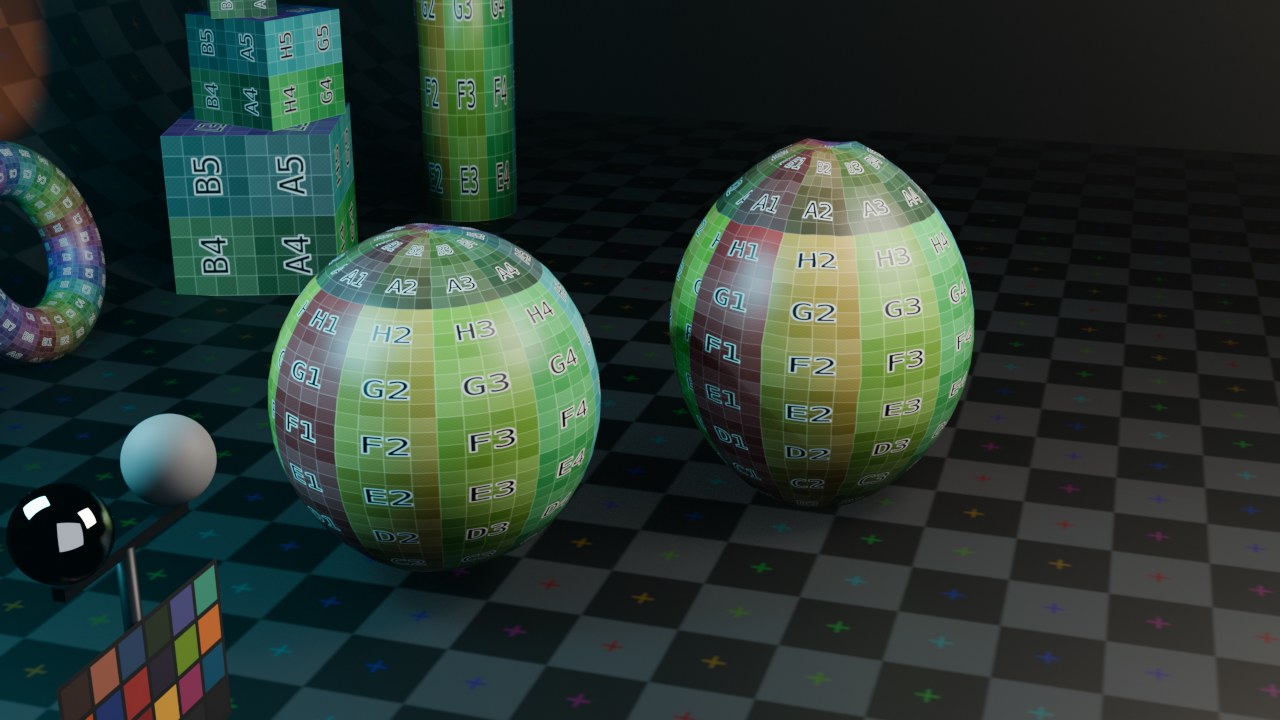 Twee identieke ruw-gejitterde bollen: links Smooth (Factor 1.0, 14 iteraties, merkbaar gekrompen), rechts Laplacian Smooth (Lambda 2.0, 14 iteraties, Volume Preserve aan) die de ruis weghaalt zonder het volume zo sterk te laten krimpen.