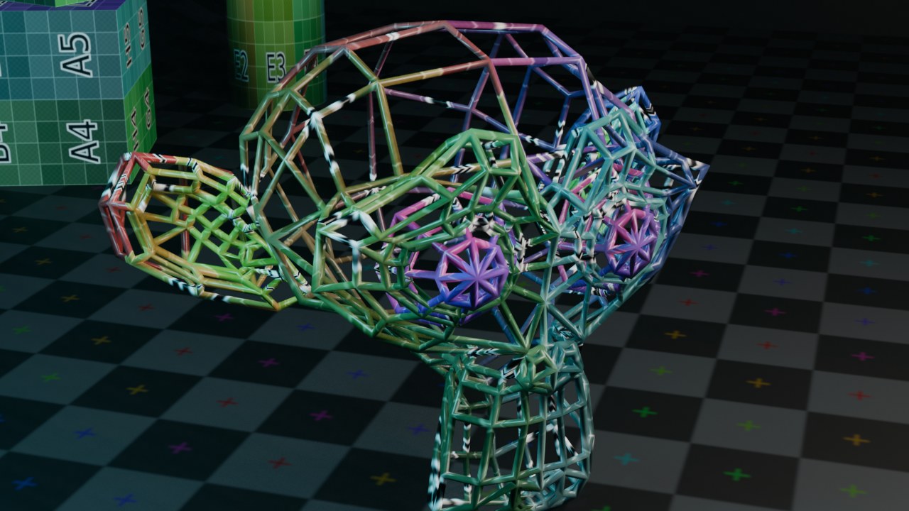 Suzanne volledig vervangen door haar eigen randen met Wireframe — Thickness 0.035.