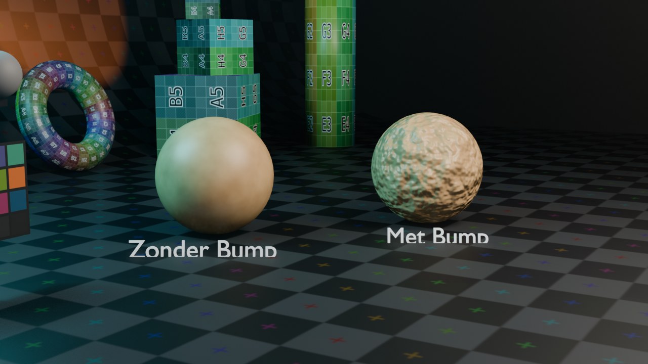 Dezelfde ruis-gebaseerde kleur op twee bollen: links enkel Base Color, rechts diezelfde ruis ook door een Bump-node (Strength 0.6, Distance 0.3) naar de Normal-ingang — de vorm zelf is op beide bollen identiek, enkel de belichting verraadt het 'reliëf'.