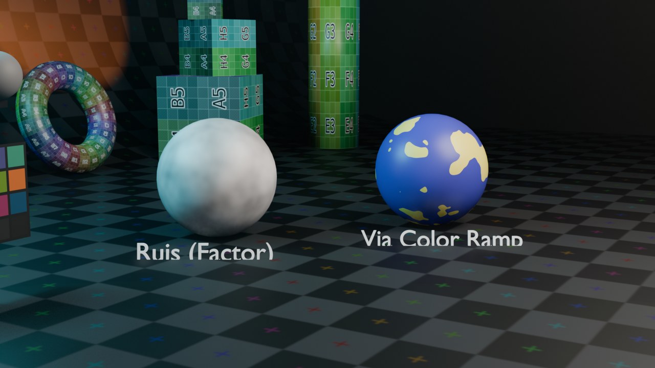 Links de kale Noise-Factor (vloeiende grijswaarden), rechts diezelfde ruis door een Color Ramp op Constant — exact het 'koeienvlekken'-effect van deze opdracht, hier met twee andere kleuren.