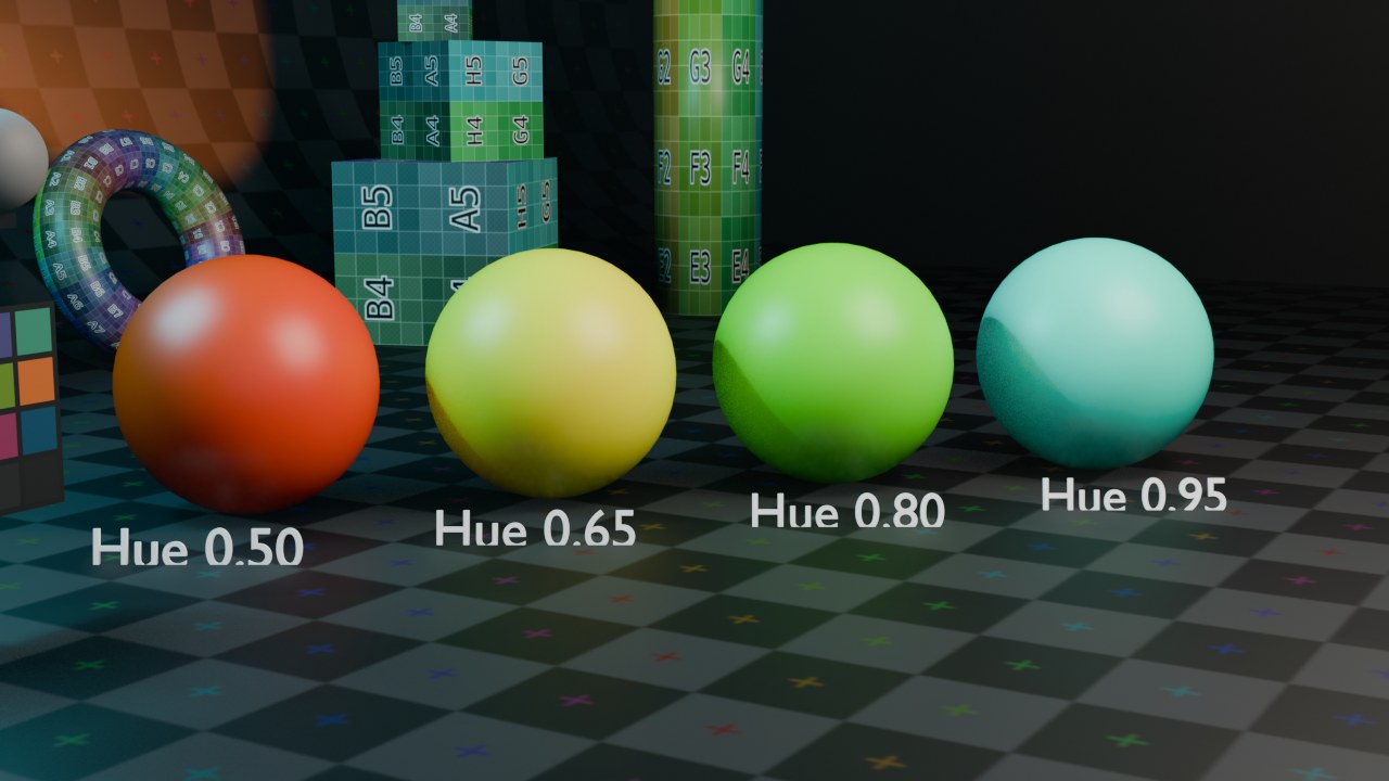 Eén rode bronkleur, vier keer door Hue/Saturation gehaald met een andere Hue (Saturation telkens 1.2).