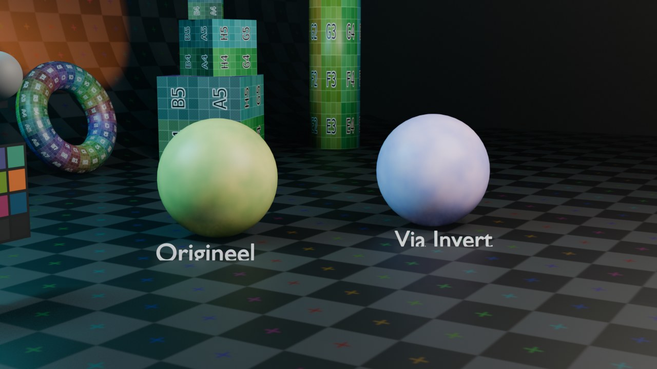 Een groen-getinte ruistextuur (links) tegenover exact dezelfde textuur na Invert (rechts): het complement.