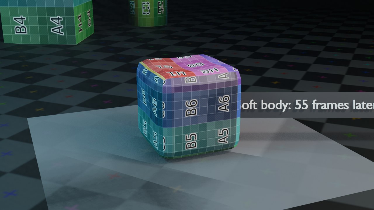 Een doorgerekende Soft Body-simulatie: het volume deukt in en veert terug in plaats van als dun oppervlak te draperen zoals Cloth.