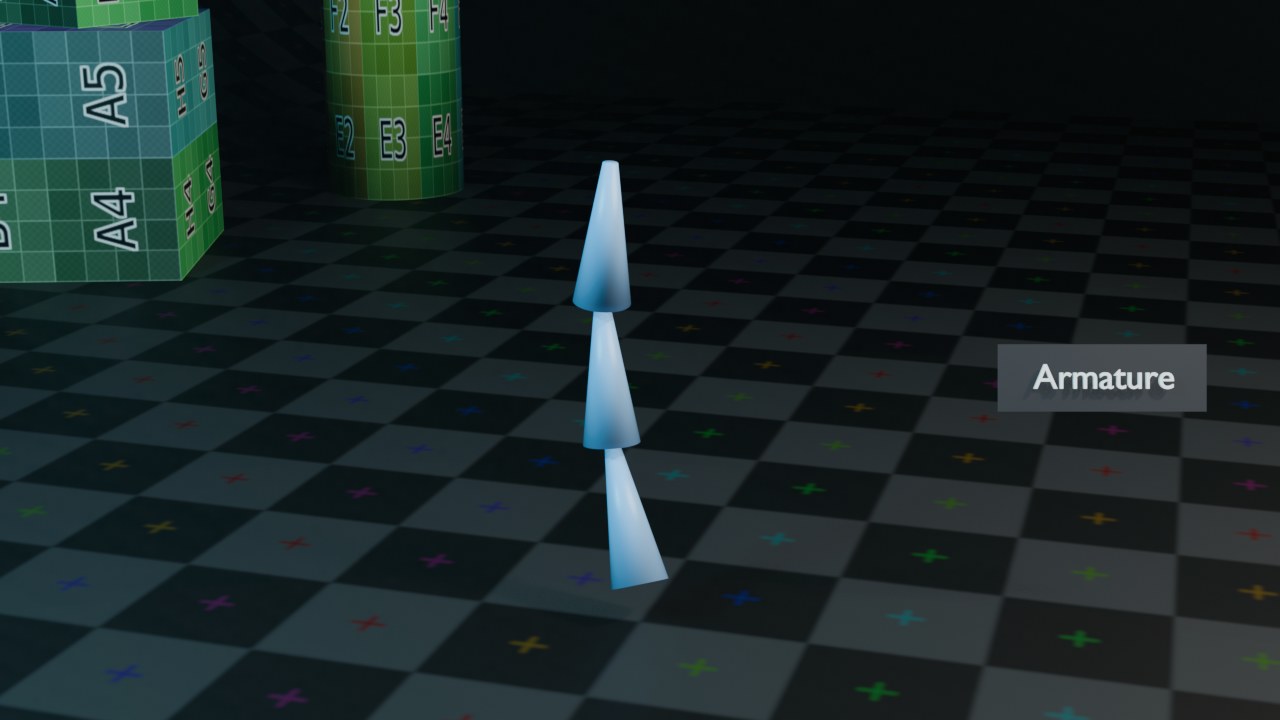 Vervanger: een Armature-object rendert zelf niets (bots zijn een viewport-gizmo) — dit zijn drie taps toelopende cilinders die een eenvoudige botketen suggereren.
