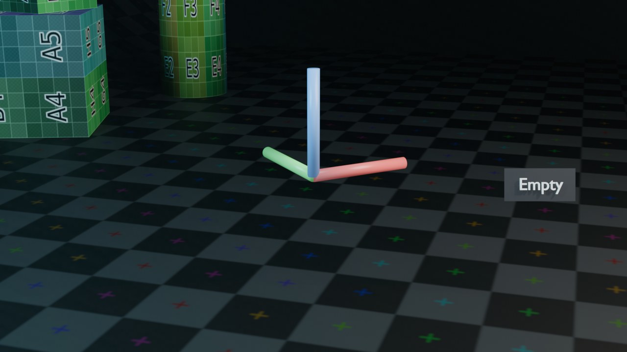 Vervanger: een Empty rendert zelf niets (de assen zijn viewport-only) — dit zijn drie gekleurde staafjes langs lokaal X/Y/Z, zoals een Plain Axes-empty.