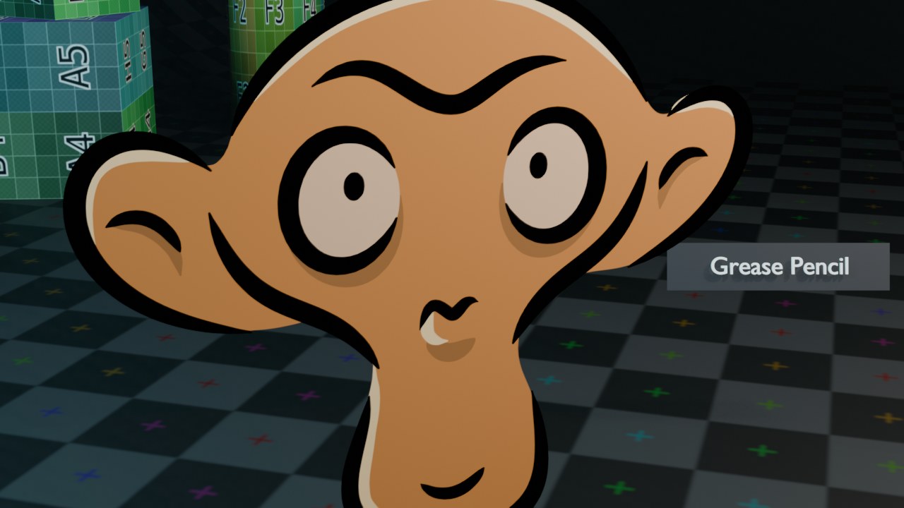 Het ingebouwde “Monkey”-voorbeeld van de Grease Pencil Add-operator — een 2D-tekening als een echt 3D-object in de scène.