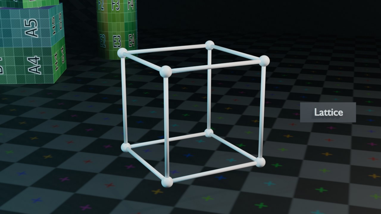 Vervanger: een Lattice is een onzichtbare vervormingskooi — dit is een kubusvormig frame van bolletjes en staafjes, zoals de kooi er in de viewport uitziet.