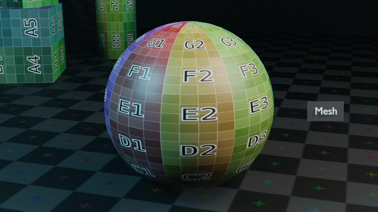 Een icosphere met het Color Grid-materiaal — de gewone bouwsteen van vrijwel elk 3D-object.
