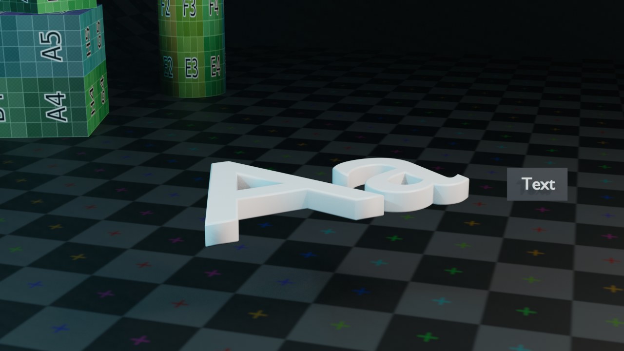 Een Text-object (“Aa”) met Extrude 0.05 en Bevel Depth 0.012 — gebruikt intern hetzelfde curve-systeem als een Curve-object.