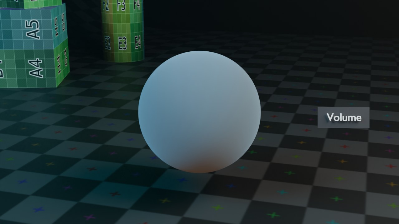 Vervanger: een mesh-bol met enkel een Volume-uitgang op het materiaal, gerenderd met Cycles (EEVEE toonde met dezelfde opzet geen enkele volumetrische wolk, ook niet bij een veel hogere Density — een echt Volume-datablock komt normaal uit een ingeladen OpenVDB-bestand).