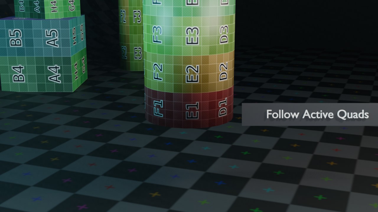 Op een cilinder met een zuiver quad-rooster geeft dit een perfect regelmatige, rechthoekige UV-lay-out — de tegels van het Color Grid blijven vierkant.