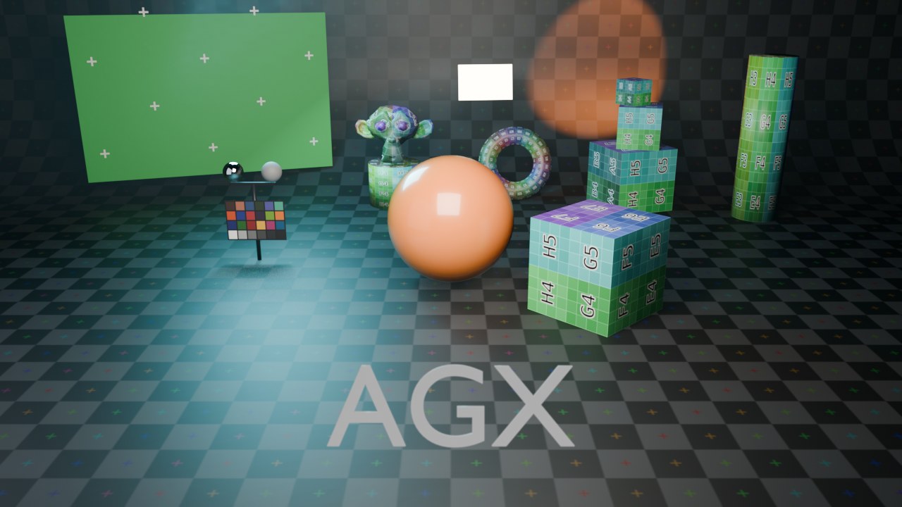 Dezelfde render (met een fel emissief vlak rechtsboven, Emission Strength 18), enkel de View Transform verandert. AgX: rijkere, minder uitgevlakte kleuren en een kenmerkende koelere ondertoon in de schaduwen dan Standard of Filmic.