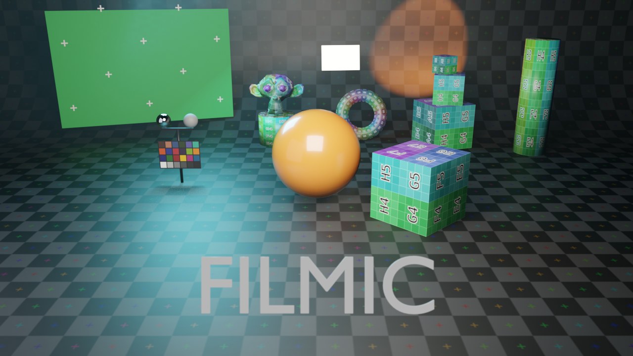 Filmic — iets vlakker en meer ontkleurd dan AgX.