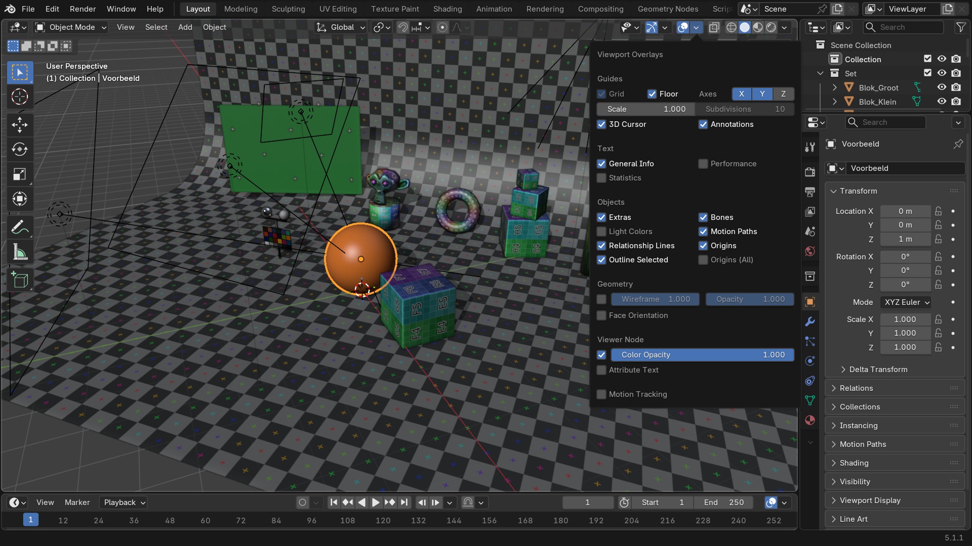 Het opengeklapte Overlays-paneel in Object Mode: Guides, Text, Objects en Geometry — in Edit Mode komen daar nog Mesh Edit Mode en Mesh Analysis bij.