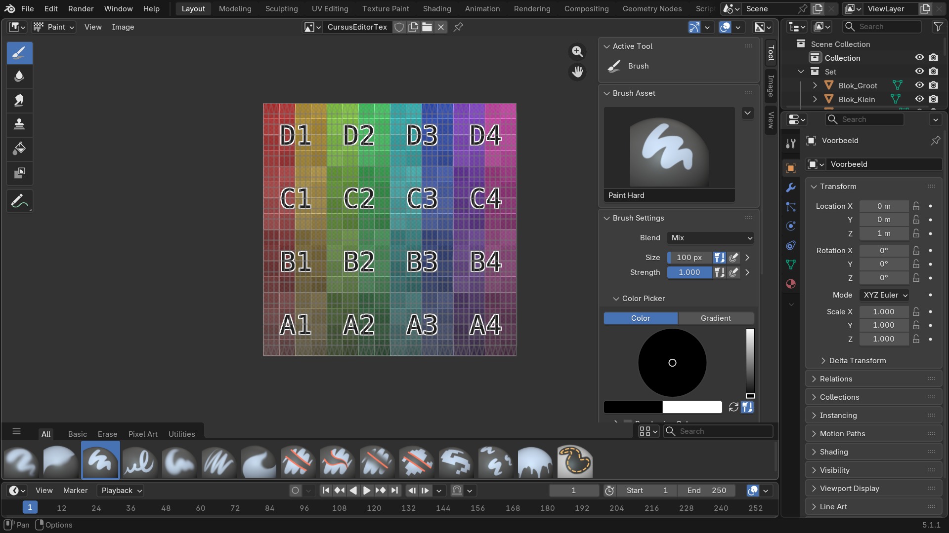 Modus op Paint: een kwast-toolbar links, Brush Asset/Brush Settings/Color Picker rechts, en een assetbrowser met borstelvormen onderaan.