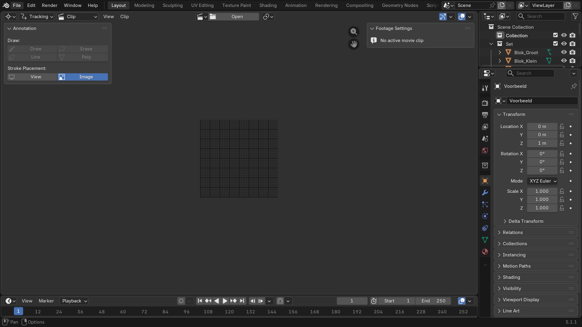 Movie Clip Editor met een gefilmde clip en meerdere trackingmarkers die kenmerkende punten in het beeld volgen.
