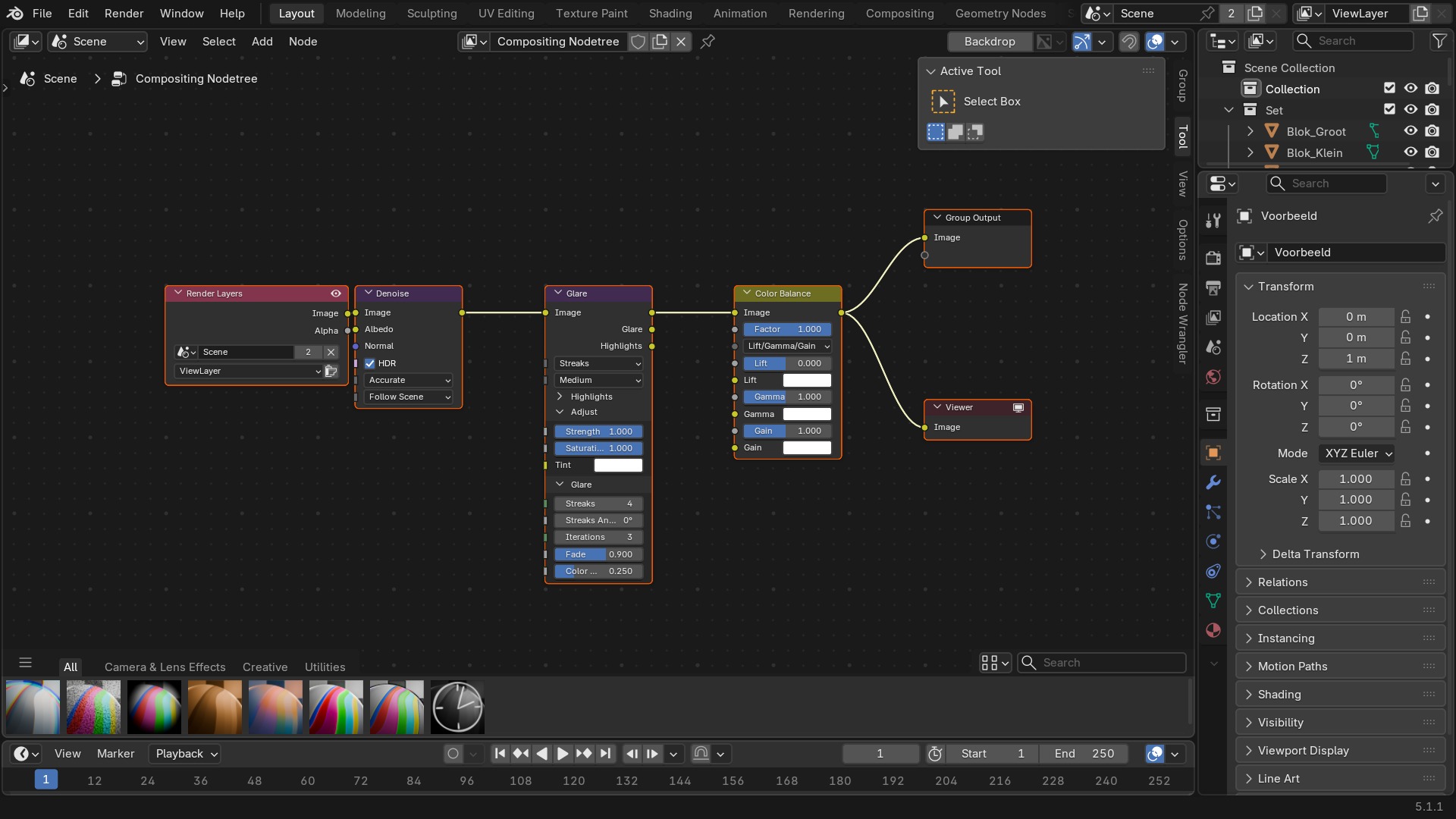 Compositor met een node-boom: Render Layers, Denoise, Glare, Color Balance en Viewer, verbonden in een keten.
