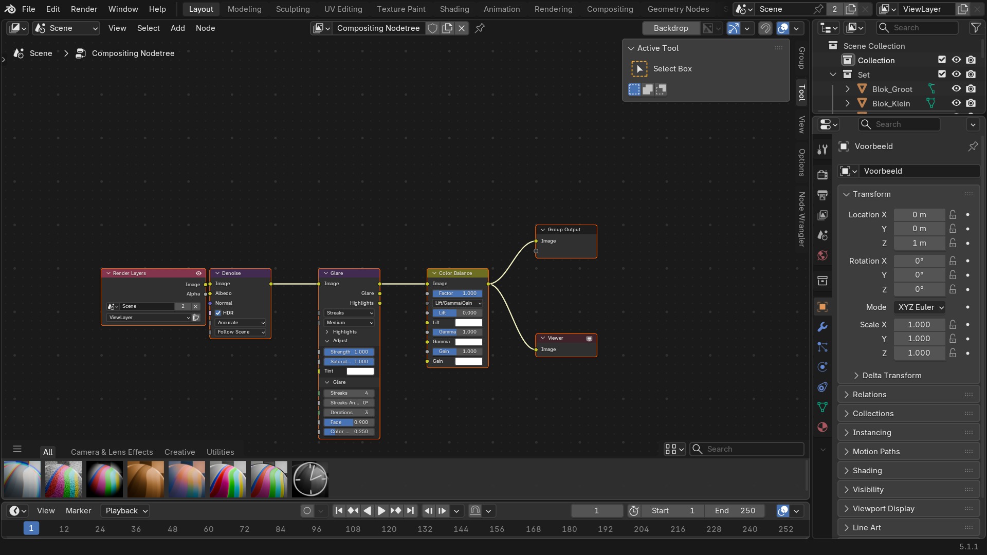 De Compositor met Render Layers, een Glare-node en een Composite-output.