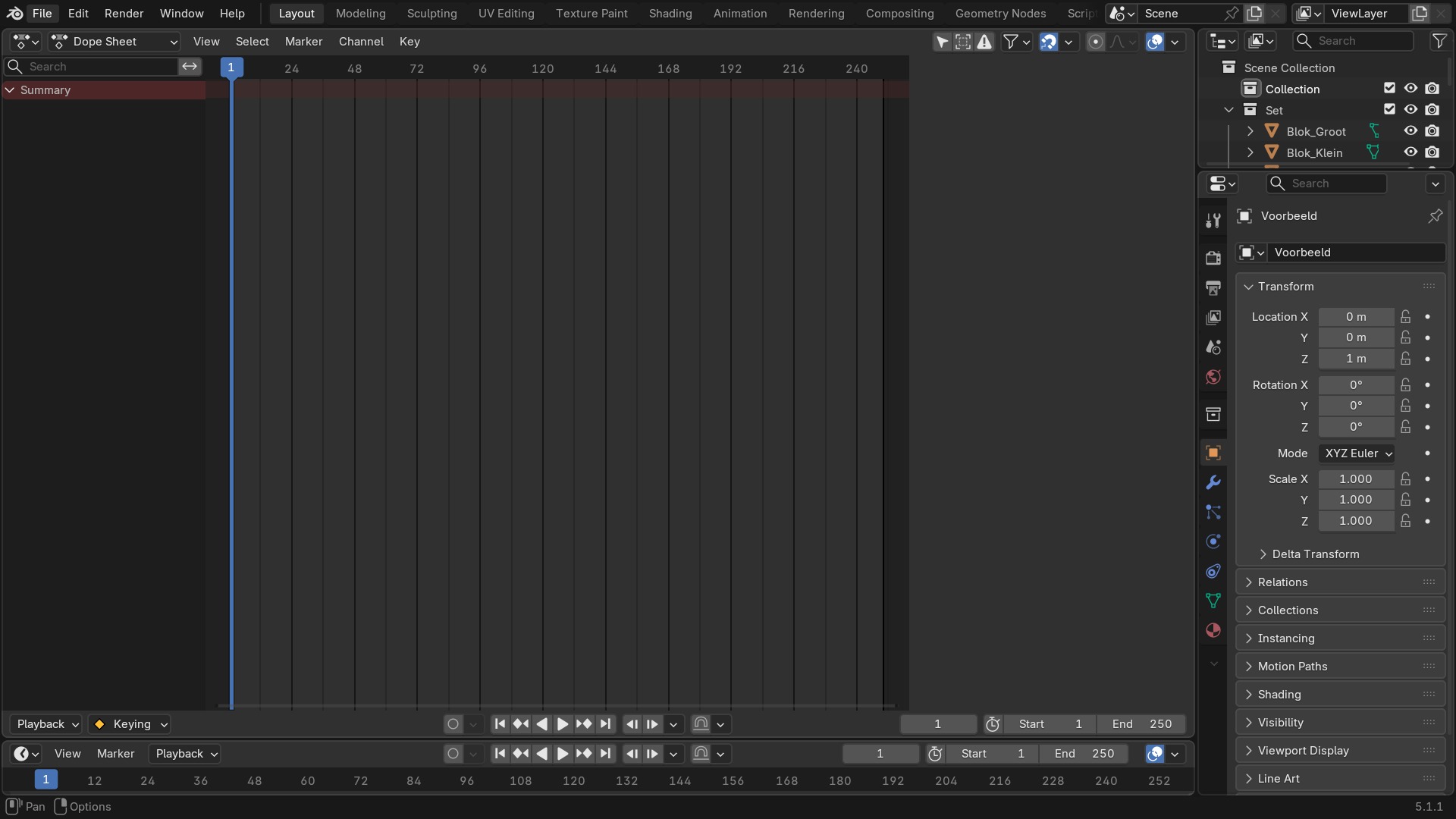 De Dope Sheet met meerdere objectrijen en hun keyframes.