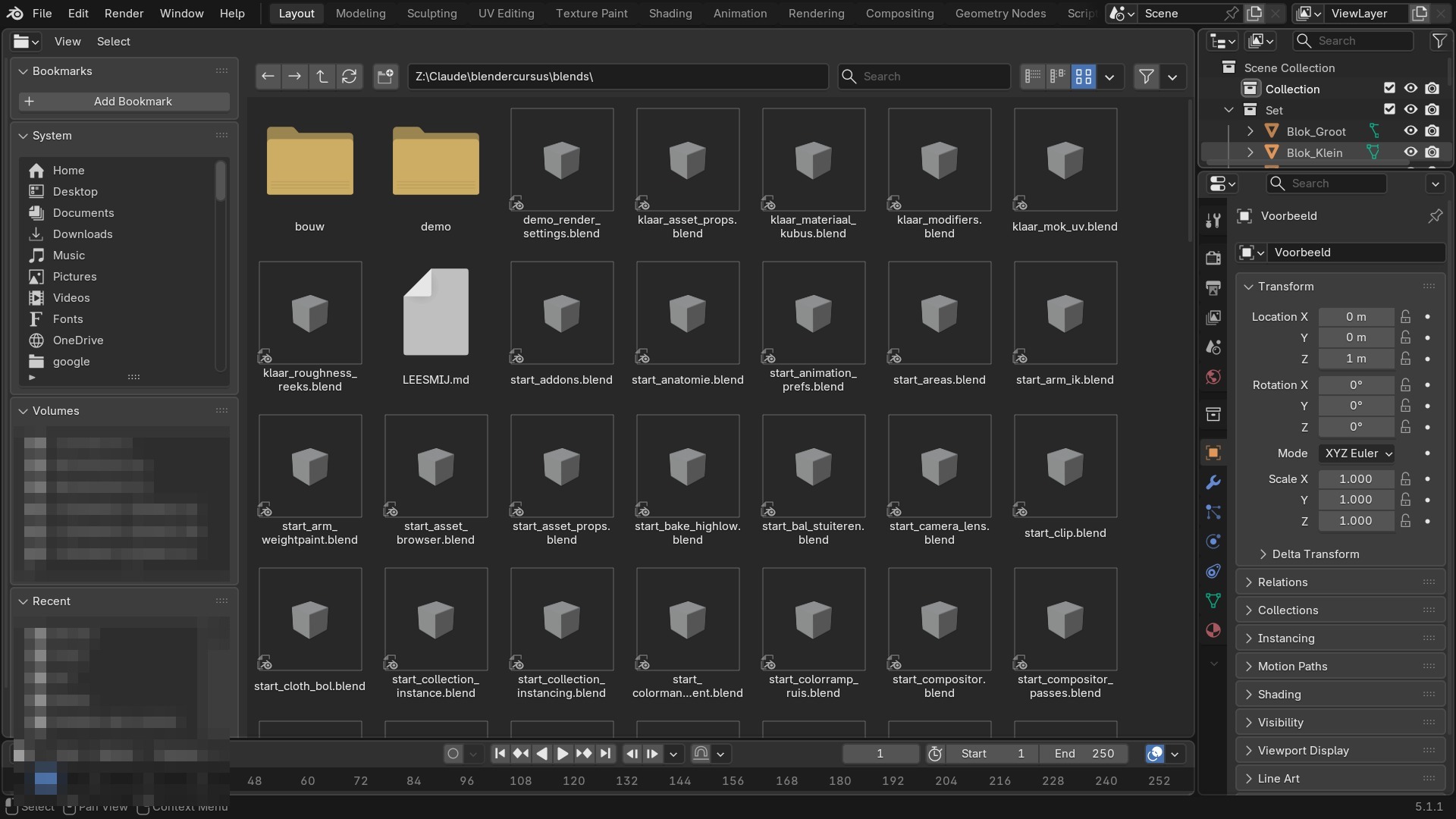 De File Browser met bookmarks links en thumbnails in het hoofdvenster.