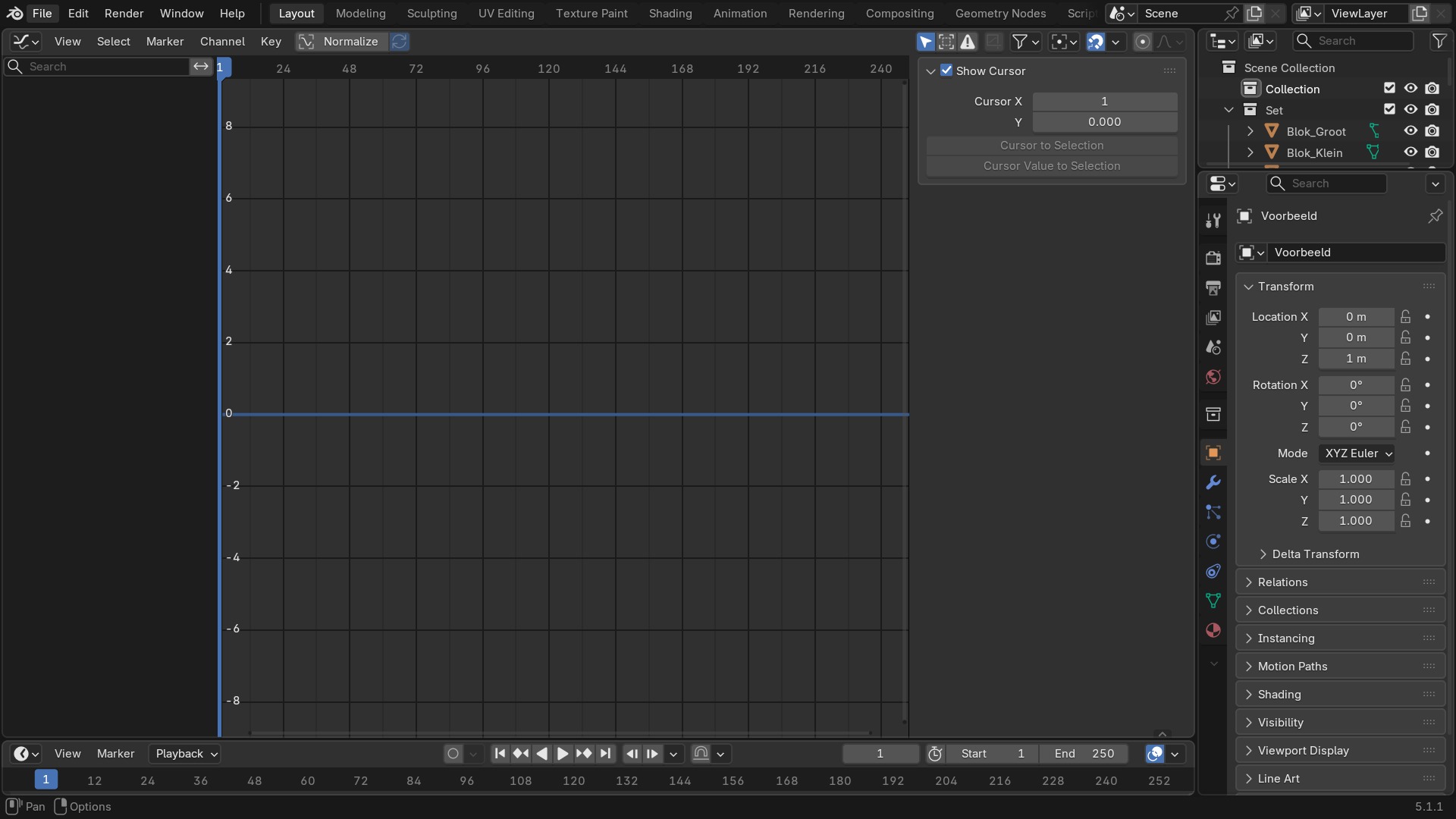 De Graph Editor met een Bezier-curve en zichtbare handles op elke keyframe.