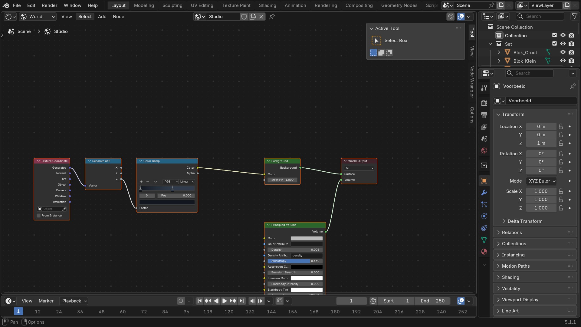 Shader Editor in World-modus: Environment Texture met een HDRI, Mapping-node, en de Background-node met Strength.