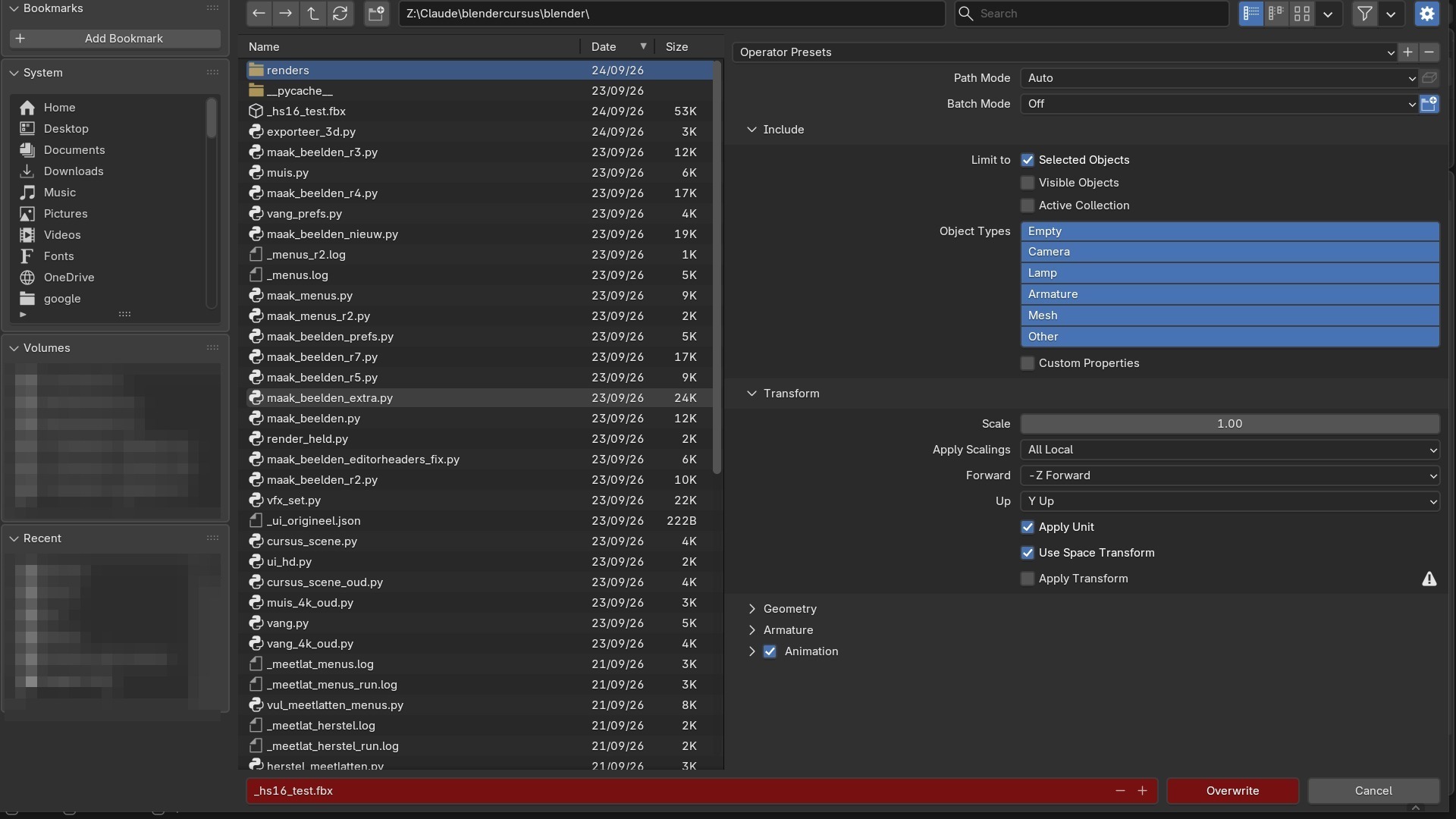 Het operator-optiespaneel van File → Export → FBX (rechts in de bestandsdialoog), met Include en Transform opengeklapt.