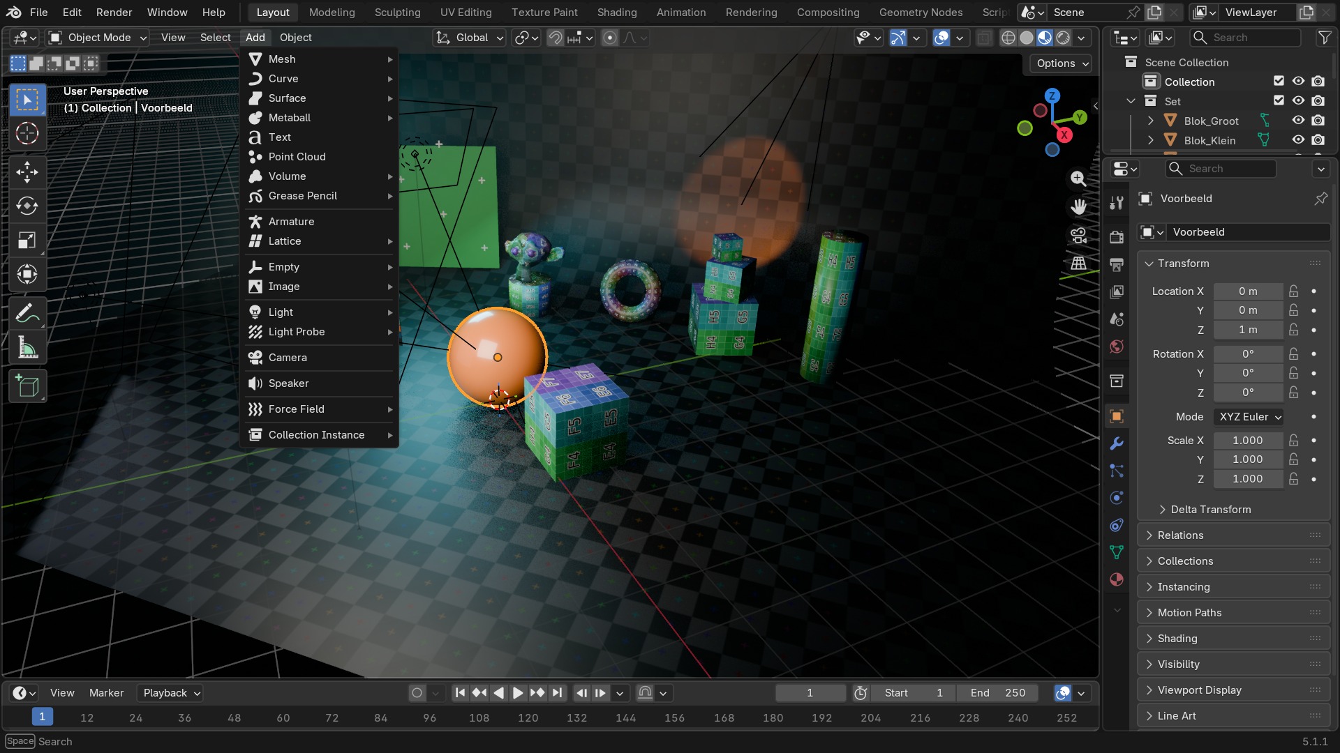 Het volledige Add-menu (Shift+A) in de 3D Viewport, met alle categorieën uitgeklapt: Mesh, Curve, Surface, Metaball, Text, Volume, Grease Pencil, Armature, Lattice, Empty, Image, Light, Light Probe, Camera, Speaker, Force Field, Collection Instance.