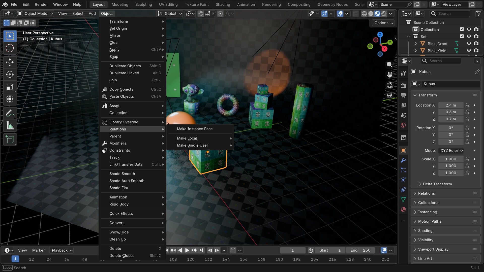 Object-menu met Relations-submenu open: Make Instance Face, Make Local en Make Single User — de tegenhanger van Duplicate Objects/Duplicate Linked iets hoger in hetzelfde menu.