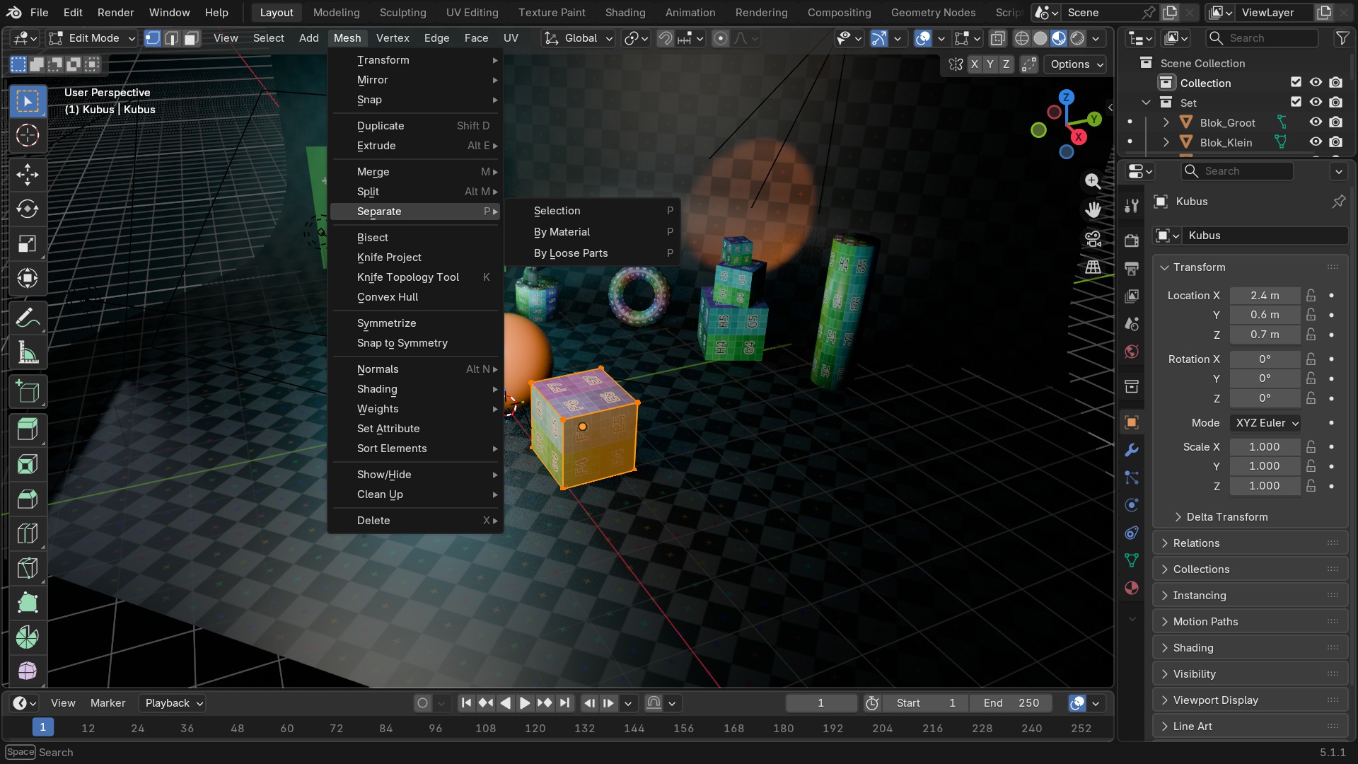 Mesh-menu met Separate-submenu open (Edit Mode): Selection, By Material, By Loose Parts — het omgekeerde van Ctrl+J in Object Mode.
