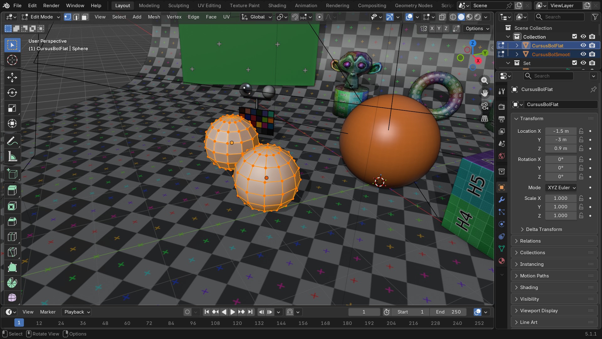 Twee bollen tegelijk in Edit Mode (beide oranje in de Outliner): alle vertices van beide objecten staan hier tegelijk geselecteerd en bewerkbaar.