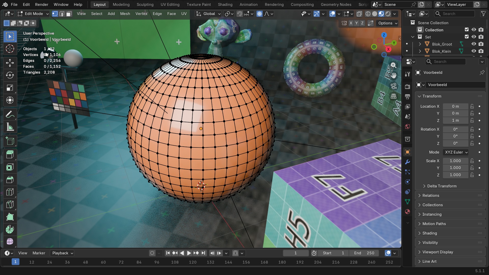 Een grid met een omhooggetrokken vertex in het midden en de proportional-editing-cirkel eromheen zichtbaar, met een vloeiende heuvel als resultaat.