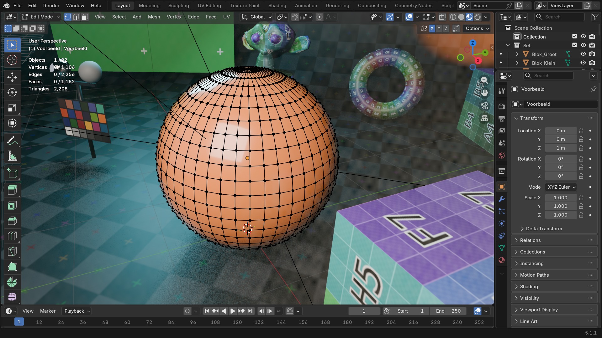 Dezelfde Edit Mode-viewport: de X-Mirror- en Topology Mirror-schakelaars zelf zitten in het Mesh Options-uitklappaneel in de header (rechtstreeks naast de select-mode-knoppen).