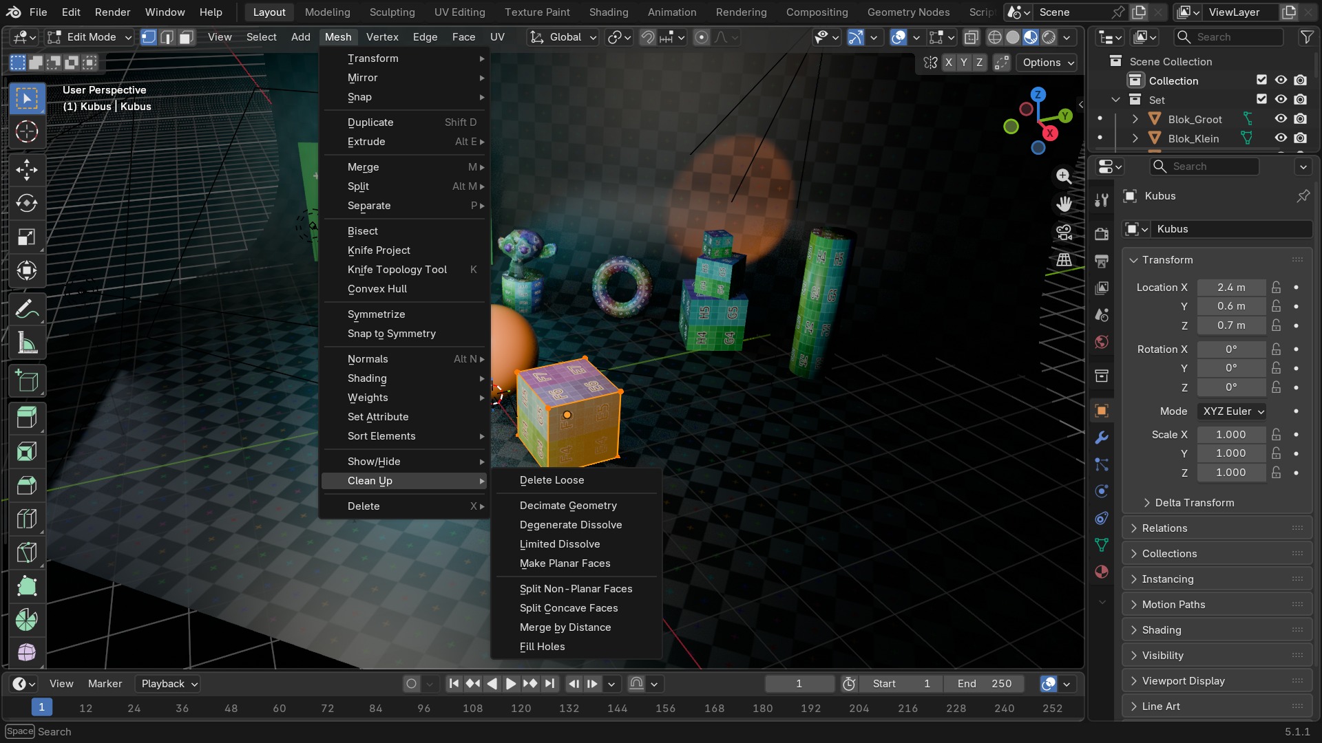 Mesh-menu met Clean Up-submenu open: Fill Holes, Delete Loose, Decimate Geometry, Degenerate Dissolve, Split Non-Planar Faces, Merge By Distance.