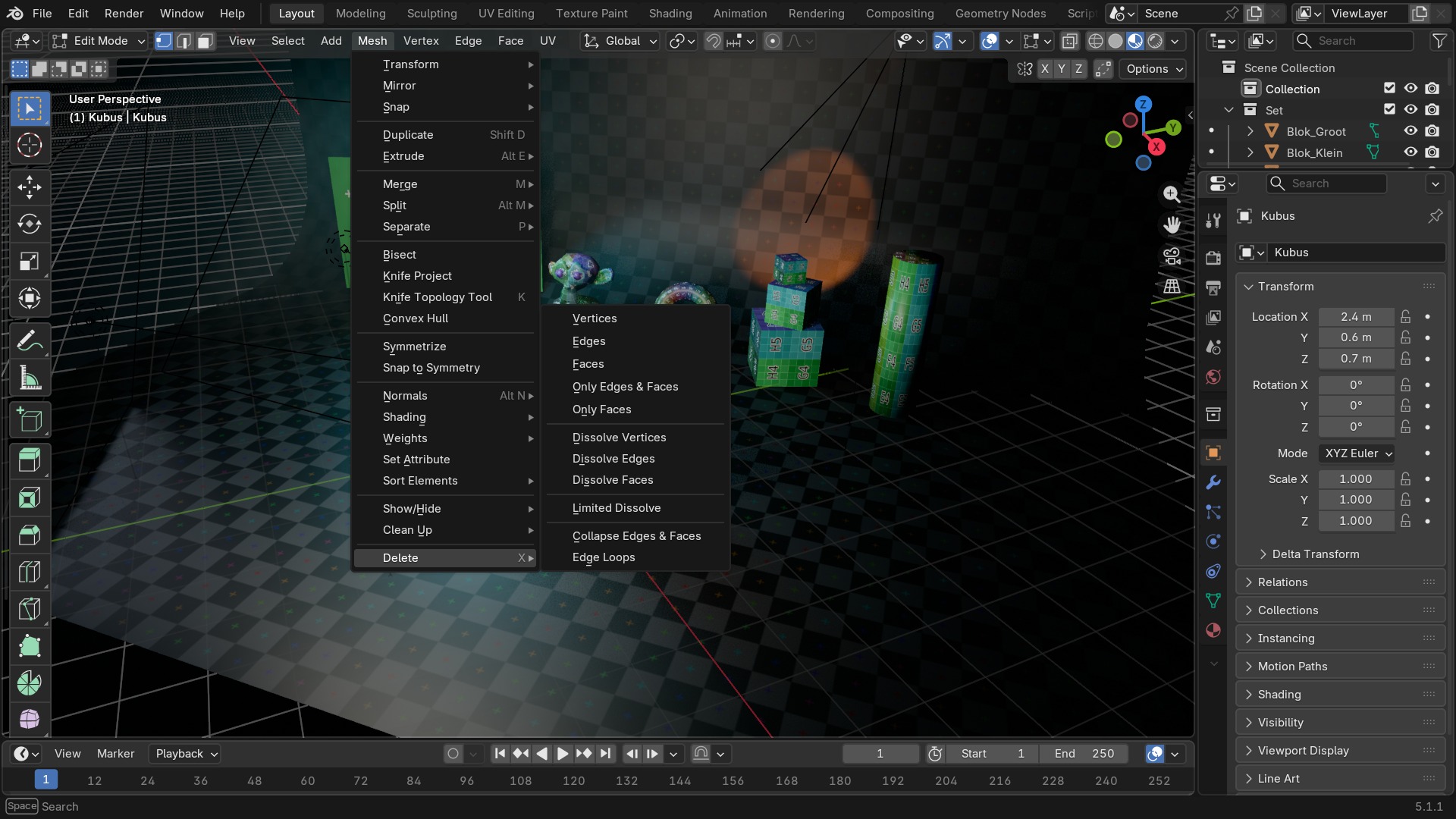 Mesh-menu met Delete-submenu open: Vertices/Edges/Faces bovenaan, Dissolve Vertices/Edges/Faces en Limited Dissolve eronder — twee families die niet hetzelfde doen.