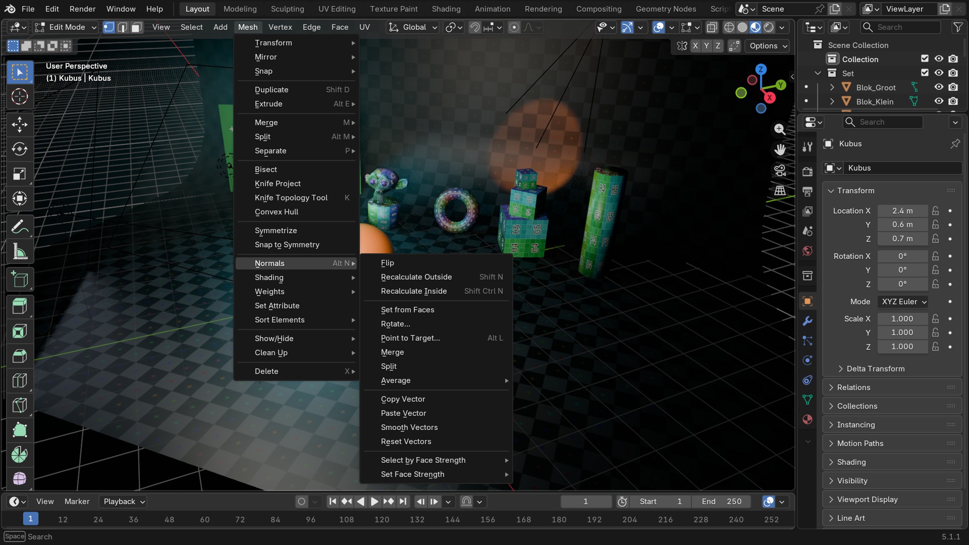 Mesh-menu met Normals-submenu open: Recalculate Outside/Inside, Flip, Set From Faces, Average, Rotate Flow.