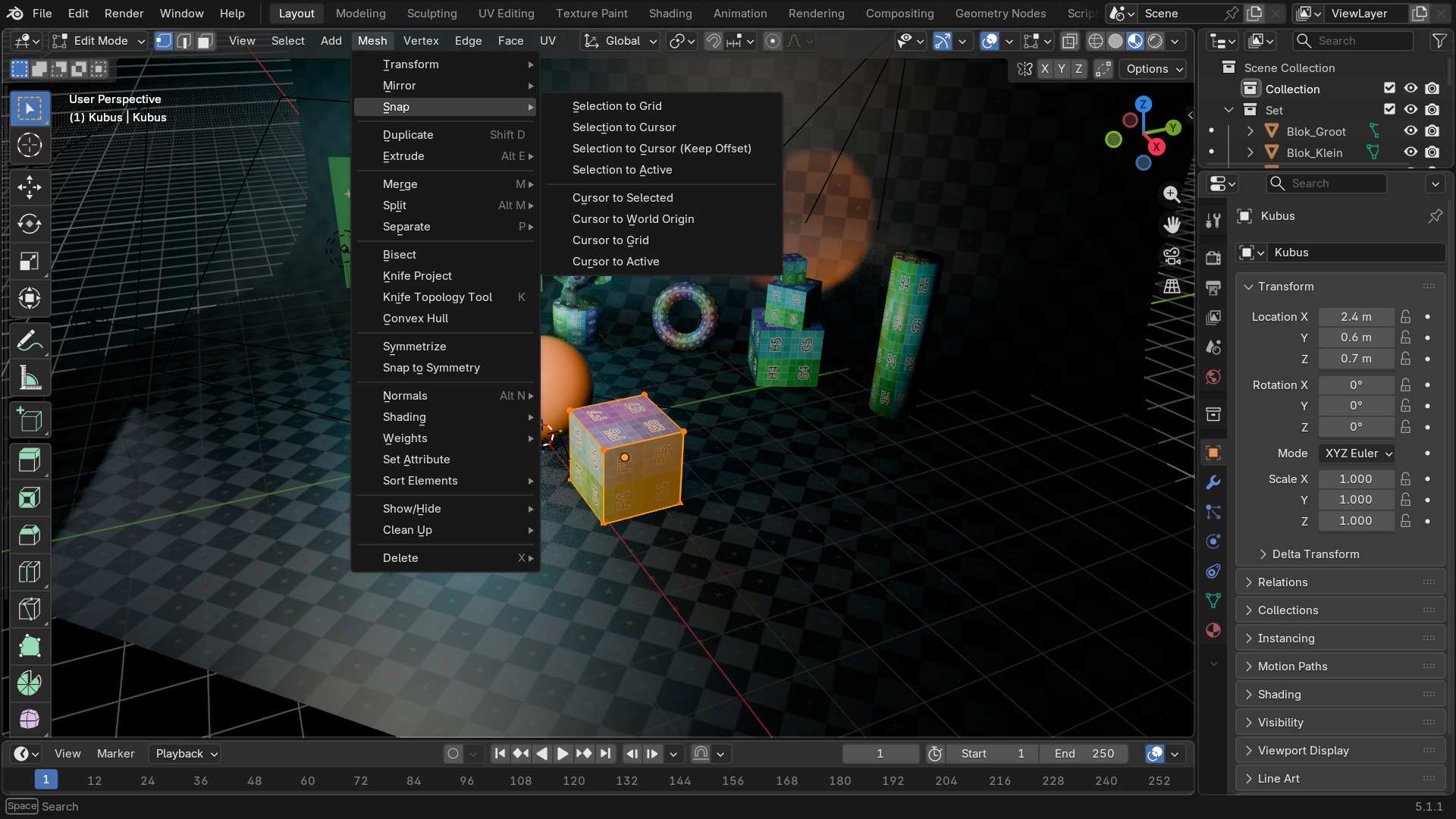 Hetzelfde Mesh-menu, nu met Snap-submenu open: Selection to Cursor/Grid, Cursor to Selected/World Origin.