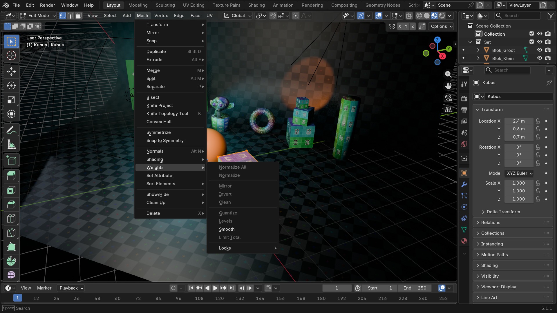 Hetzelfde Mesh-menu, nu met Weights-submenu open: Assign Automatic From Bones, Normalize All, Mirror, Invert, Smooth en meer vertex-group-bewerkingen.