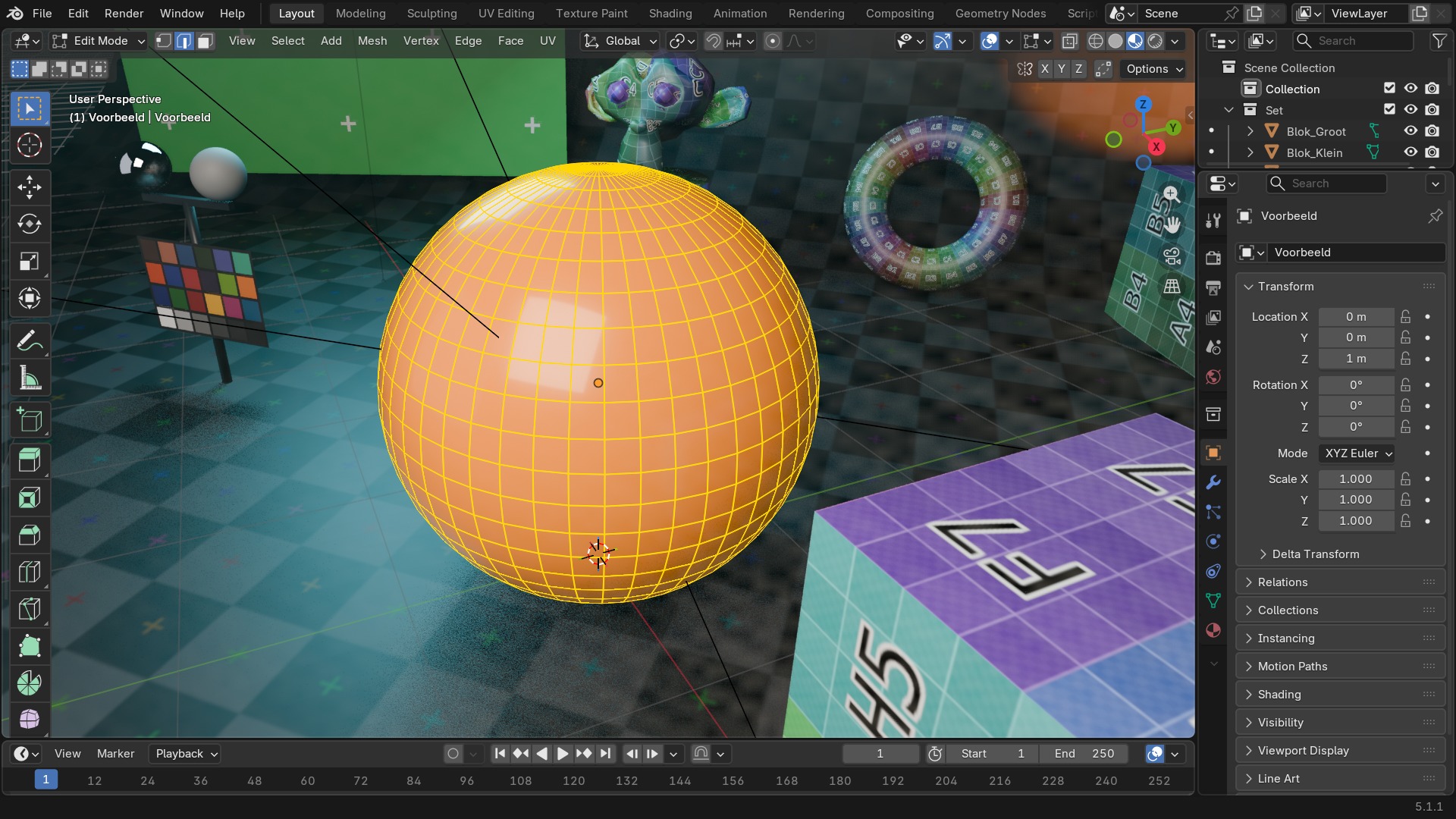 De header in Edit Mode met achtereenvolgens Mesh, Vertex, Edge, Face zichtbaar als tabbladen.