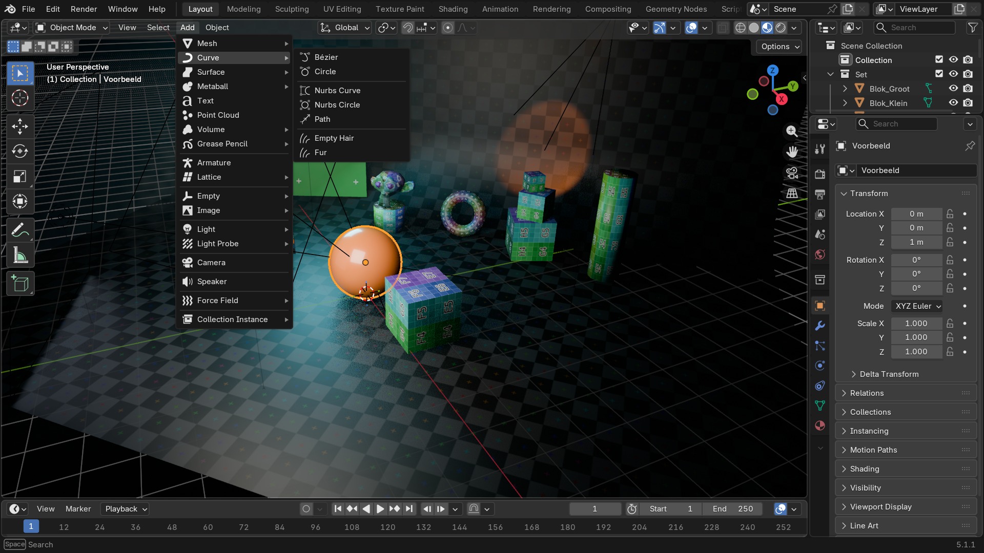 Het opengeklapte Add > Curve-submenu met Bezier, Circle, NURBS Curve, NURBS Circle en Path zichtbaar.