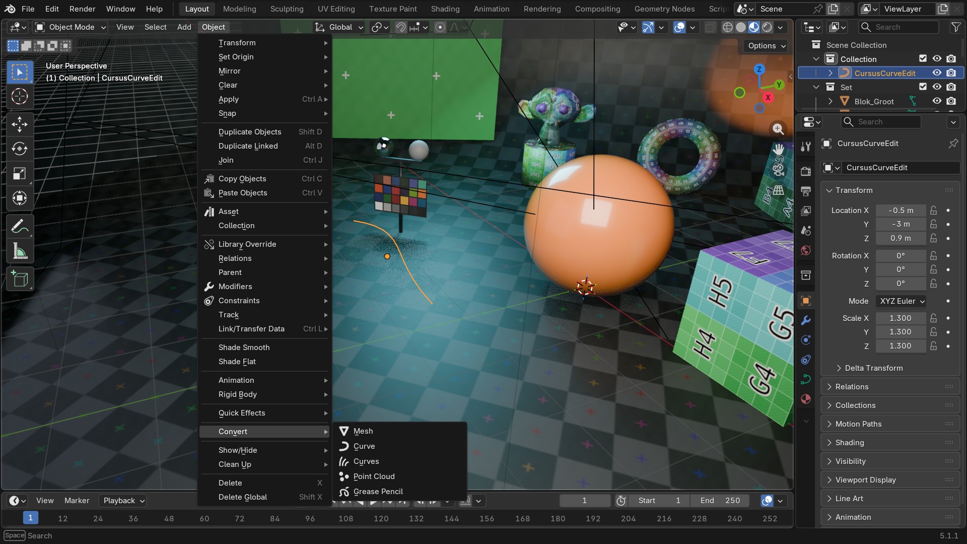 Object > Convert-submenu, echt opengeklapt op een curve-object: Mesh, Curve, Curves, Point Cloud, Grease Pencil.
