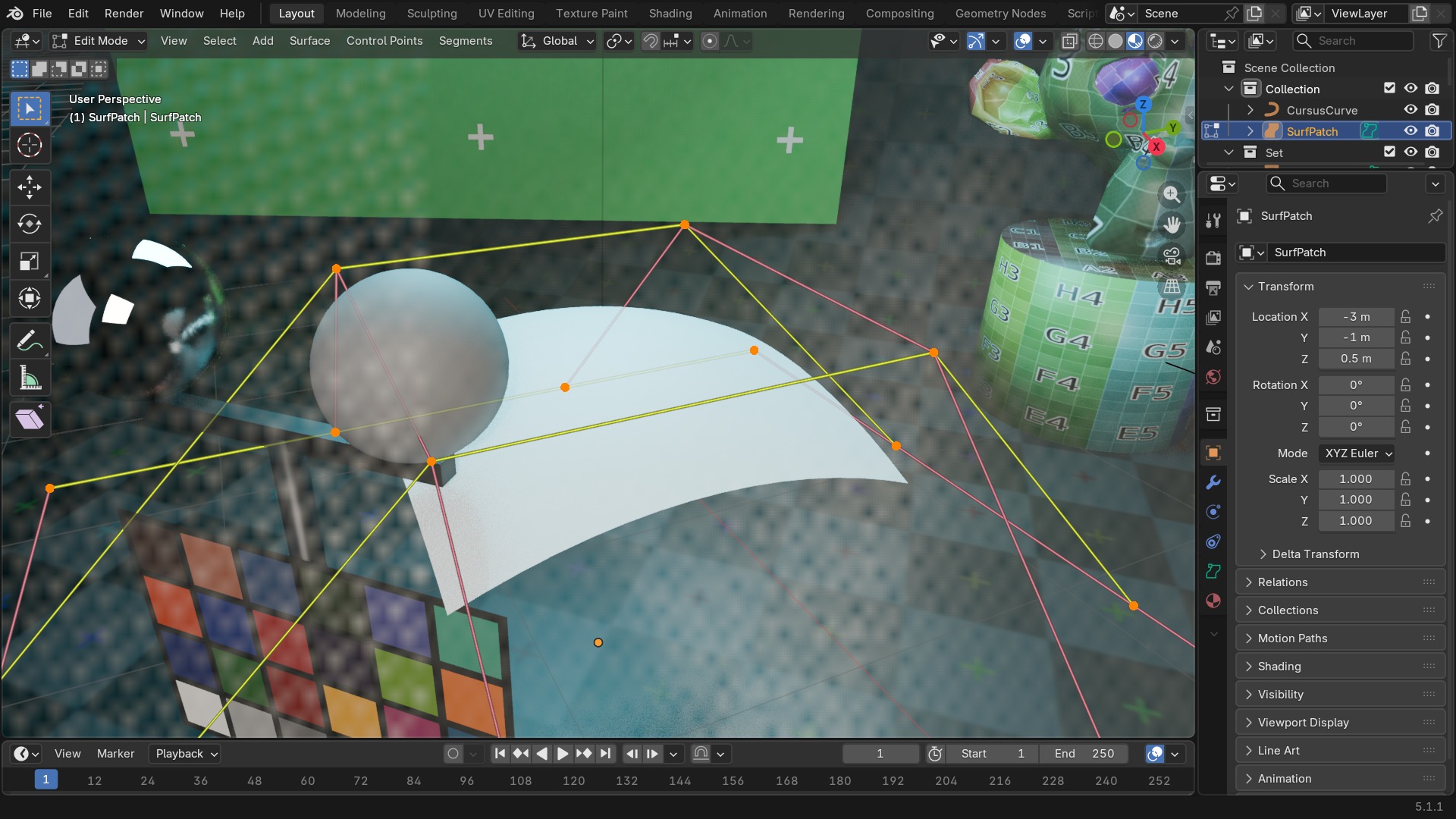 Een NURBS Surface-object in Edit Mode: het raster van control points in U- en V-richting, met het gladde gerenderde oppervlak eronder half doorschijnend getoond.