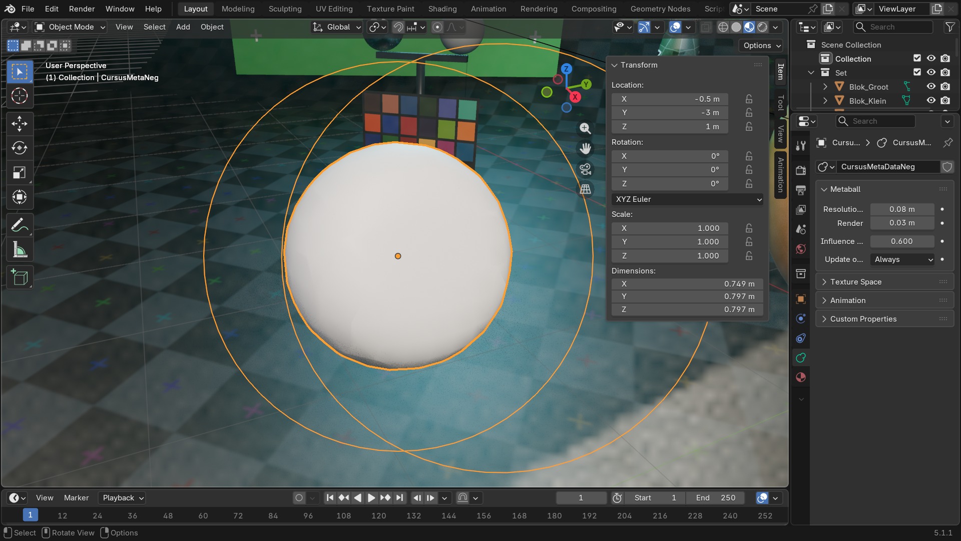 Het Metaball-paneel in Object Data Properties: Resolution (viewport) en Render eronder, en Influence Threshold (0,600) — dezelfde tab waar ook Convert > Mesh in het Object-menu naartoe leidt.