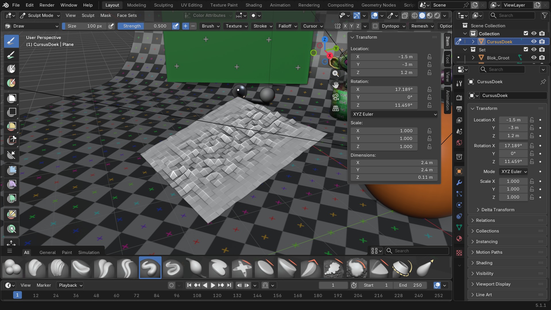 Een stuk kledingmesh waarop met de Cloth-brush getrokken wordt: zichtbare plooien en rek ontstaan rond het penseelpunt, met de brush-instellingen (Simulation Area, Force) in de sidebar.