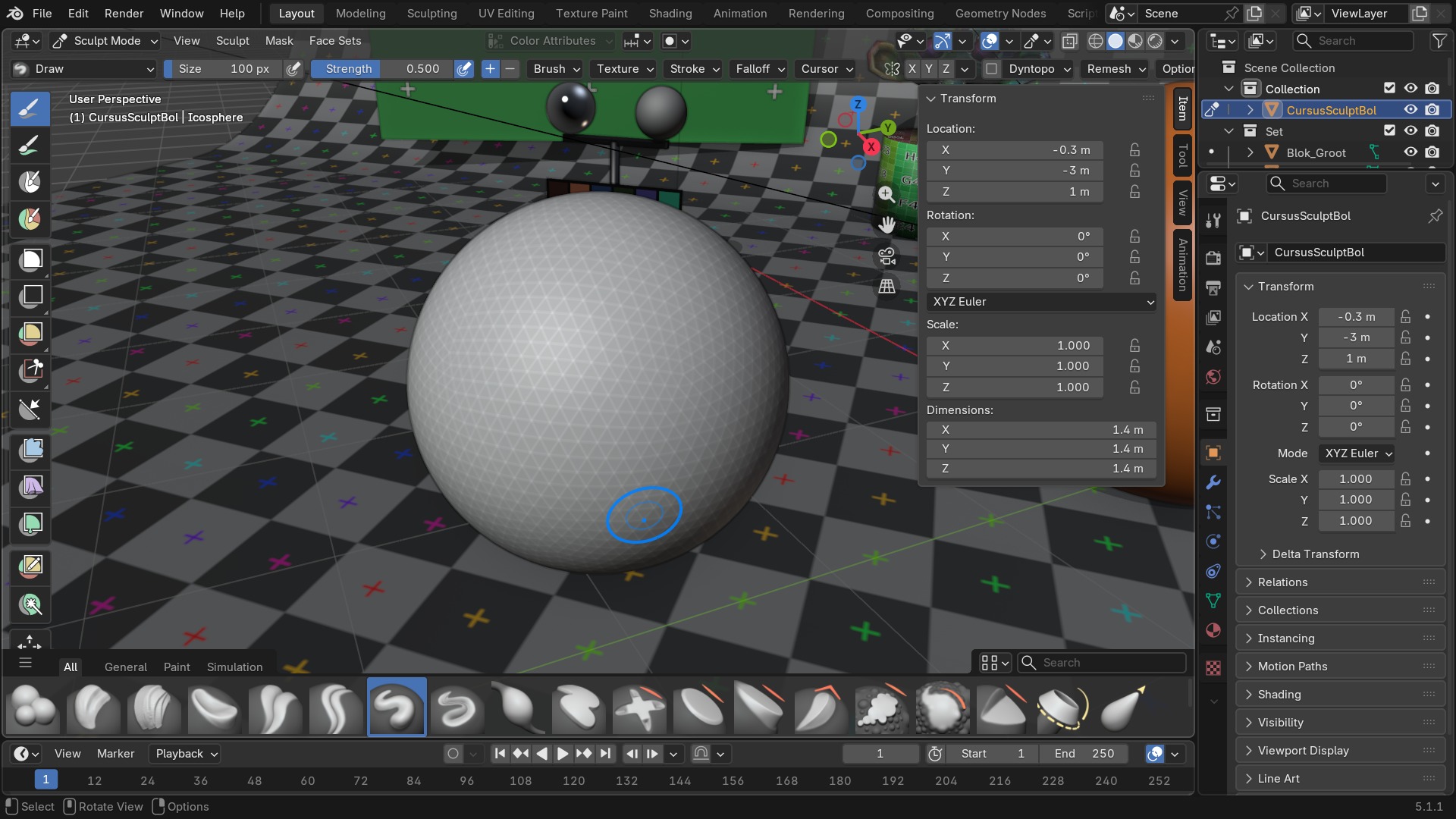 Sculpt Mode op een bol: de volledige toolbar links en de penseel-shelf onderaan, waar Grab, Snake Hook, Elastic Deform, Nudge, Thumb en Pose naast elkaar staan.