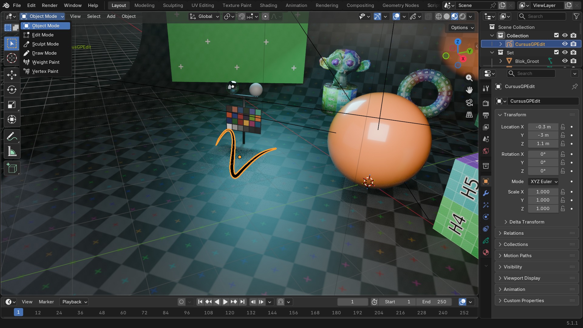 De Mode-dropdown op een Grease Pencil-object: Sculpt Mode, Weight Paint en Vertex Paint staan hier naast het vertrouwde Object/Edit/Draw Mode.