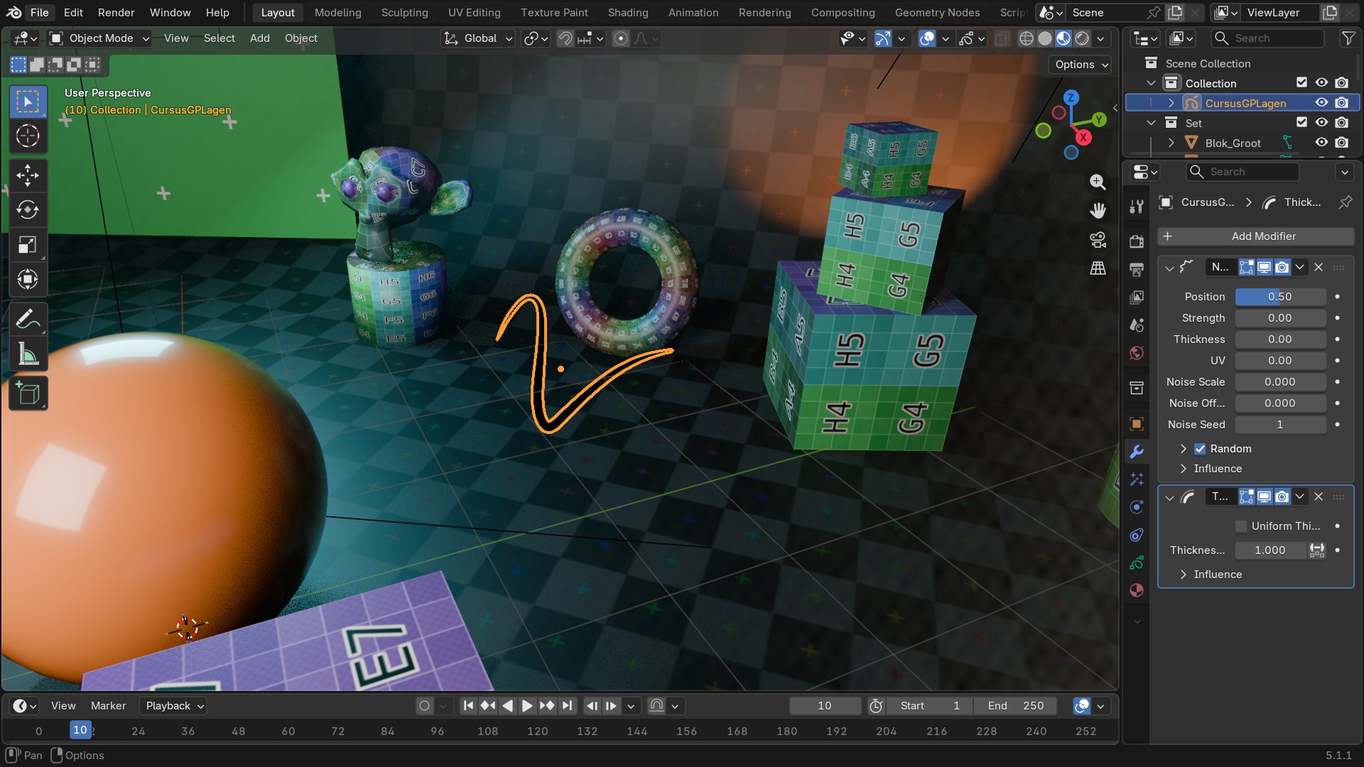 De Modifier Properties-tab op een Grease Pencil-object, met een Noise- gevolgd door een Thickness-modifier in de stack, elk paneel opengeklapt.