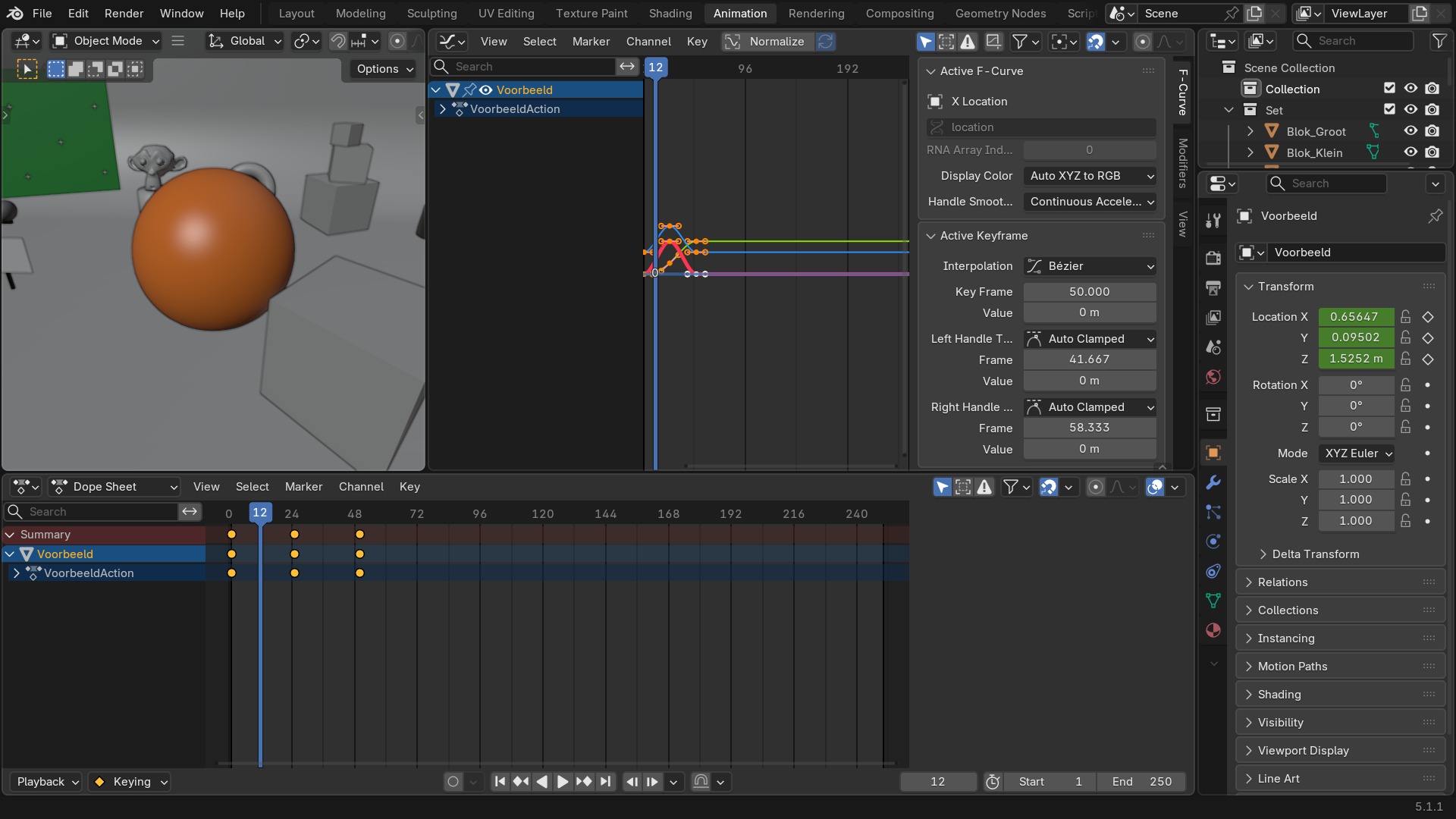 Twee keyframes in de Graph Editor met de F-curve die ze verbindt, en de bezier-handles op elk punt.