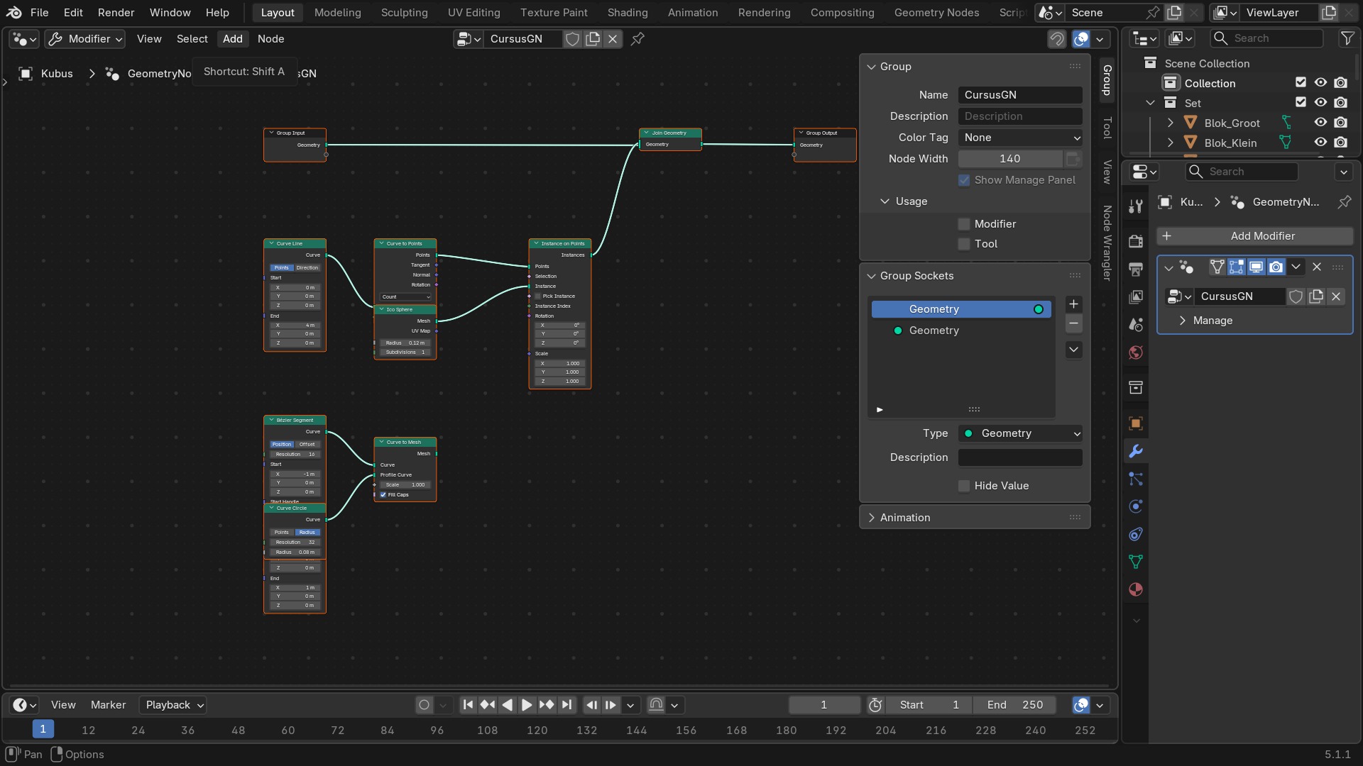 De Geometry Node Editor met een Group Input/Output en een paar geometrie-nodes ertussen.